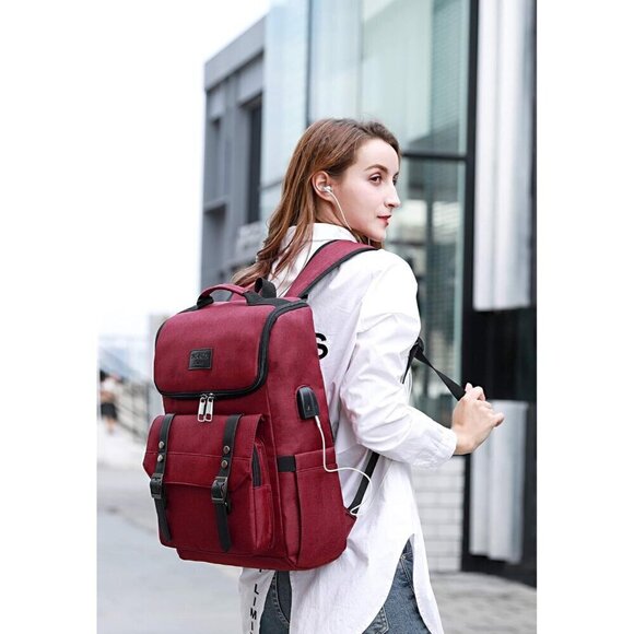 YALUNDISI Vintage Backpack Travel Red Laptop bag with USB Charging Port. main image 4